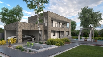 Modern multi-storey house with a flat roof and a carport. Suitable for a narrow plot. The carport may be omitted or converted into a garage.